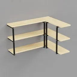 Realistic 3D model of a two-tiered industrial shelf with wooden planks and black metal supports.