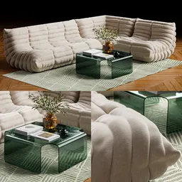 Linen Togo Sofa With Green Coffee Table