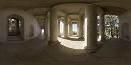 360-degree HDR panorama of a classical stone pillar corridor for realistic scene lighting.