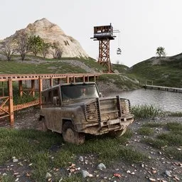 Detailed 3D-rendered nature scene featuring a UAZ-469 vehicle near a lake with mountain, tower, and railroad elements.