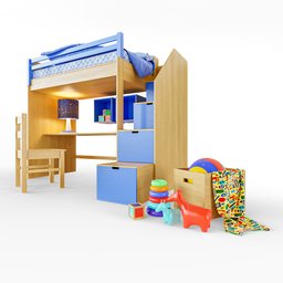 Realistic Blender 3D model of children's bunk bed with ladder, desk, and colorful toys.