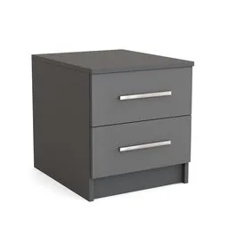 Glossy grey 3D bedside table model with chrome handles and customizable material in Blender format.