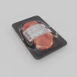 "3D model of Beef Tenderloin Steaks wrapped in plastic packaging with a generic label, created with Blender 3D software for food category. The close up render showcases hyper-detailed texture perfect for product design. "
