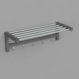 High-quality 3D render of a sleek wall-mounted hat rack with multiple hooks, designed for wardrobe organization.