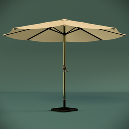 "3D model of a minimalist outdoor furniture piece, featuring a big circular sunshade with a yellow awning and black pole. Rendered with redshift renderer and available in FBX format for Blender 3D."