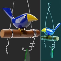 Alt text: "3D model of a Hanging Bird that can be hung from a tree branch or ceiling, created with Blender 3D software. Features glass and metal materials, inspired by Luca della Robbia, with pendants and a PVC poseable design. Muted blue colors and a cute 3D render."