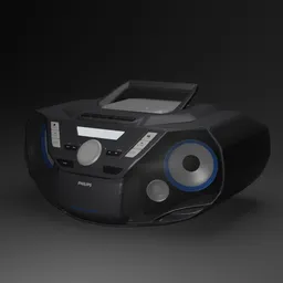Detailed 3D model of portable Philips sound system with Bluetooth, USB, and radio features.
