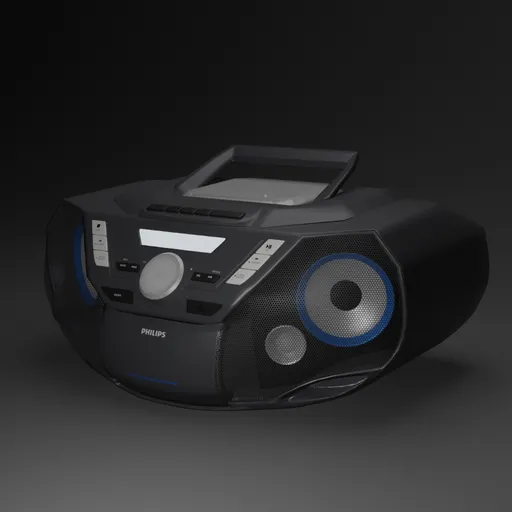 Detailed 3D model of portable Philips sound system with Bluetooth, USB, and radio features.