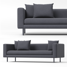 "Mono Sofa: A modern 3D model for interior visualizations. This Blender 3D model features a close-up of a contemporary couch and chair with pillows, rendered in steel gray with correct proportions. Perfect for creating stunning visualizations in Blender 3D software."