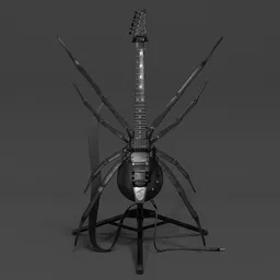 "Joboline Venomous Vibe Spider electric guitar, with spider-like body and unique design, featuring Bigsby tremolo, Dimarzio pickups, Floyd Rose nut, and Gotho tuning machines. Perfect for playing extreme thrash metal, this metal readymade model can be animated and customized with adjustable strap and tripod stand in Blender 3D."