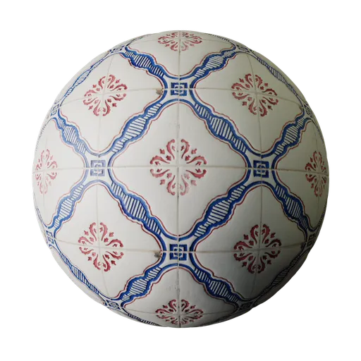 High-quality PBR Rustic Hand-Painted Ceramic Tile material for Blender 3D artists, featuring intricate patterns and seamless design.