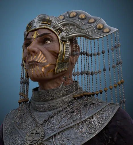3D cyber priest model showing detailed quadflow topology, full mouth, and ornate headgear, suitable for Blender animation.