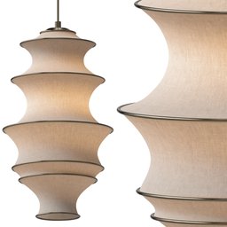 "Vintage Fabric Pendant Light designed by LABPIECESIGN, inspired by Carl-Henning Pedersen. Featuring stylized dynamic folds and swirly ripples in taupe, this unique ceiling light is a statement piece with a top and side view and high grain texture. Created in Blender 3D."