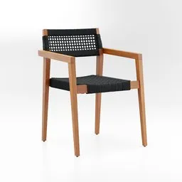"Leonardo Dining Chair: Elegant outdoor dining chair featuring a black seat and a wooden frame, combining rope and wood, suitable for Blender 3D model creation. Perfect for architectural renders and catalog photography, this chair adds an Isolde-style touch to any scene. Enjoy the Isolde charm and superior craftsmanship in this versatile 3D model for your Blender 3D projects."