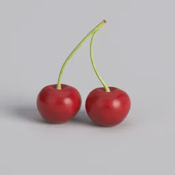 Detailed realistic 3D rendering of two cherries with stems, optimised for Blender graphics and modeling.