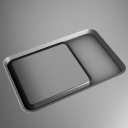 "Scifi Decal Rectangle Latch 023 - a highly detailed 3D model made using the Decal Machine add-on in Blender 3D. This silver metal tray with rounded corners and a smooth transparent visor sits on a man's fingertip, perfect for sci-fi scenes and video game renders in the science-miscellaneous category."