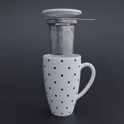 Polka-dot tea mug with stainless steel infuser 3D model, perfect for Blender rendering and realistic visualization.