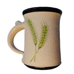 "Ceramic coffee cup featuring wheat decals and sculpting details, perfect for Blender 3D modelers. Highly-detailed texture render with a 3/4 view in a natural wheat field setting. Ideal for use in-game or as a realistic profile picture."