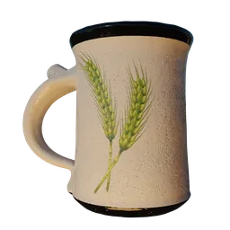 "Ceramic coffee cup featuring wheat decals and sculpting details, perfect for Blender 3D modelers. Highly-detailed texture render with a 3/4 view in a natural wheat field setting. Ideal for use in-game or as a realistic profile picture."