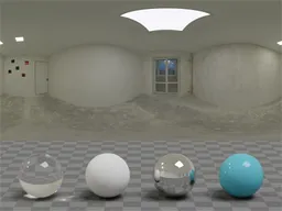 Unfinished interior office space at night with ceiling light for HDR lighting with reflective test spheres.