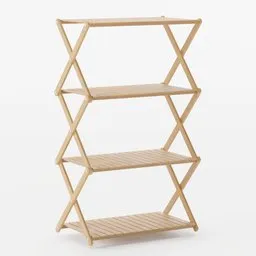 Detailed 3D model showcasing a wooden rack with four shelves, ideal for Blender 3D projects.