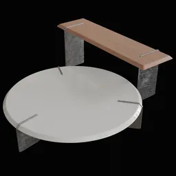 3D rendered coffee table with a sleek stone top and elm wood legs designed for aesthetic appeal in Blender.