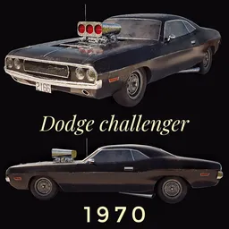 Detailed Blender 3D model of a black 1970 Dodge Challenger with multiple resolution textures.