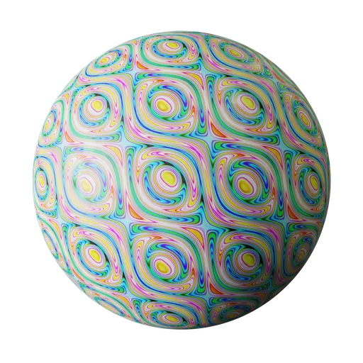 Seamless PBR material with colorful, hypnotic swirls for 3D rendering in Blender and similar software.