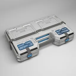 "Grey Scifi Pelican Case with Micro Details 3D Model for Blender 3D - Industrial Exterior Category". This high detail 3D model features two electronic devices on a table with a lockbox, in a sci-fi spaceport environment. The grey and white color palette adds a professional and polished look, perfect for any project.