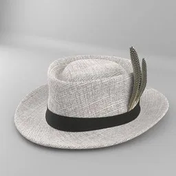 Detailed 3D model of a textured grey fedora hat with a black band and feather accessory, suitable for Blender rendering.