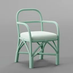 Detailed 3D model of a mint-green rattan armchair with cushion for patio or garden, compatible with Blender rendering.