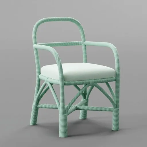 Detailed 3D model of a mint-green rattan armchair with cushion for patio or garden, compatible with Blender rendering.