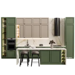 Detailed 3D Blender model of a neoclassical kitchen with modern appliances and marble countertops.