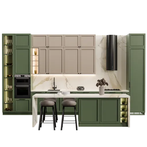 Detailed 3D Blender model of a neoclassical kitchen with modern appliances and marble countertops.