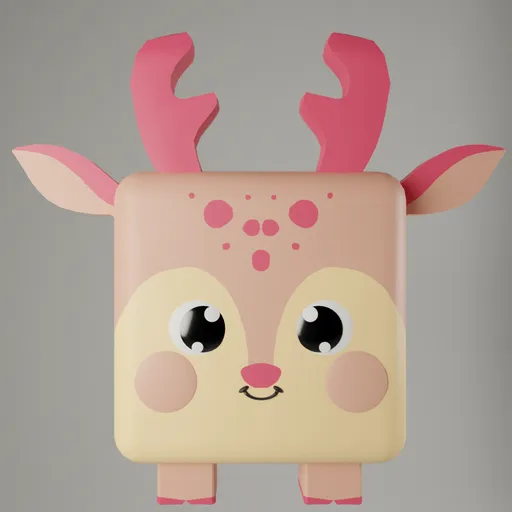 Cute stylized pink cube-shaped deer 3D model with big eyes for Blender animation projects.