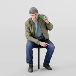 3D render of a young man in casual attire sitting and listening to a smartphone, ideal for Blender urban scenes.