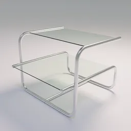 Realistic 3D-rendered small dual-tier glass and metal table, suitable for interior design in Blender.