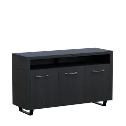 "Explore the Bellvern Dining Server, a stunning 3D model for your bedroom decor, created using Blender 3D. Featuring a sleek black entertainment center with silver handles and vivid dark wood table, rendered in Redshift for the ultimate realistic appearance. Complete with 1k textures for an even more breathtaking visual experience."