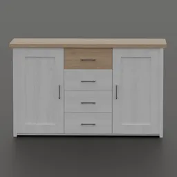 Realistic Blender 3D model of a white and wood Lancaster-style chest of drawers for interior design visualization.