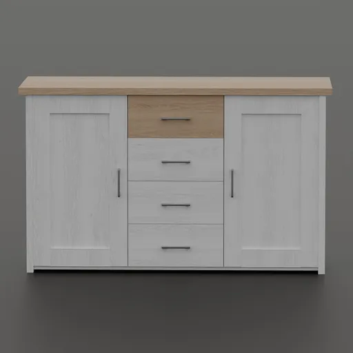 Realistic Blender 3D model of a white and wood Lancaster-style chest of drawers for interior design visualization.
