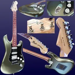 Detailed Blender 3D guitar model with high-resolution textures, showcasing various angles and design features.