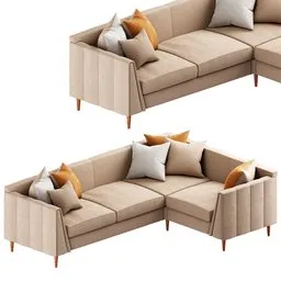This 3D model features the Harlow Design Beige RH Fabric Corner Sofa, perfect for interior design projects. Created with Blender 3D, the model showcases the sofa's symmetrical fullbody rendering, fluffy pillows, and sleek Swedish design. Its high-quality texture and accurate proportions on a circle make it a great addition to any 3D project.