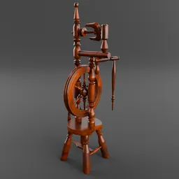 Detailed Blender 3D model of a varnished wooden spinning wheel with PBR textures, perfect for 3D rendering and animation.
