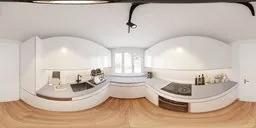 360-degree HDR panorama of a bright, white-themed kitchen with wooden elements, natural lighting, and modern appliances.