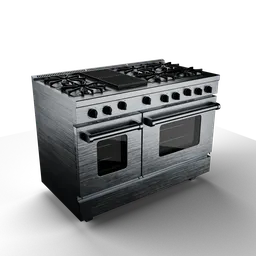 Realistic 3D model render of a stainless steel gas stove with dual ovens, featuring detailed PBR textures and Blender 4.0 compatibility.