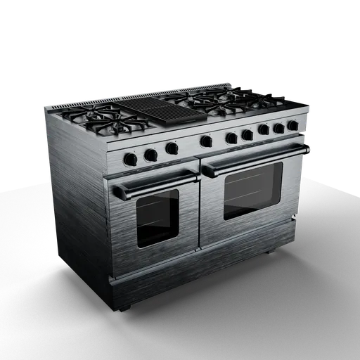 Realistic 3D model render of a stainless steel gas stove with dual ovens, featuring detailed PBR textures and Blender 4.0 compatibility.