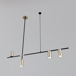 "Modern Arizona Gold ceiling lamp with three point lights, inspired by Thomas de Keyser. This Blender 3D model features a slim body and interconnections, professionally rendered in aerial spaces. A sleek and stylish addition to any interior design."