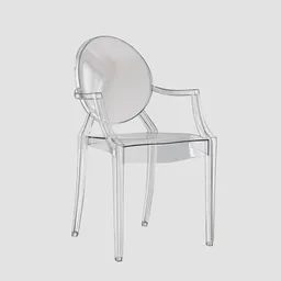 Render of a Baroque-style transparent polycarbonate chair for Blender 3D visualization.