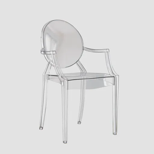 Render of a Baroque-style transparent polycarbonate chair for Blender 3D visualization.
