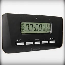 "LCD alarm clock with editable Text and Backlit display, suitable for Blender 3D. This professional 3D model features a black-framed wall clock with softly glowing control panels and a digital pong screen. Perfect for design enthusiasts looking for a well-rendered, symmetrical mechanical piece."
